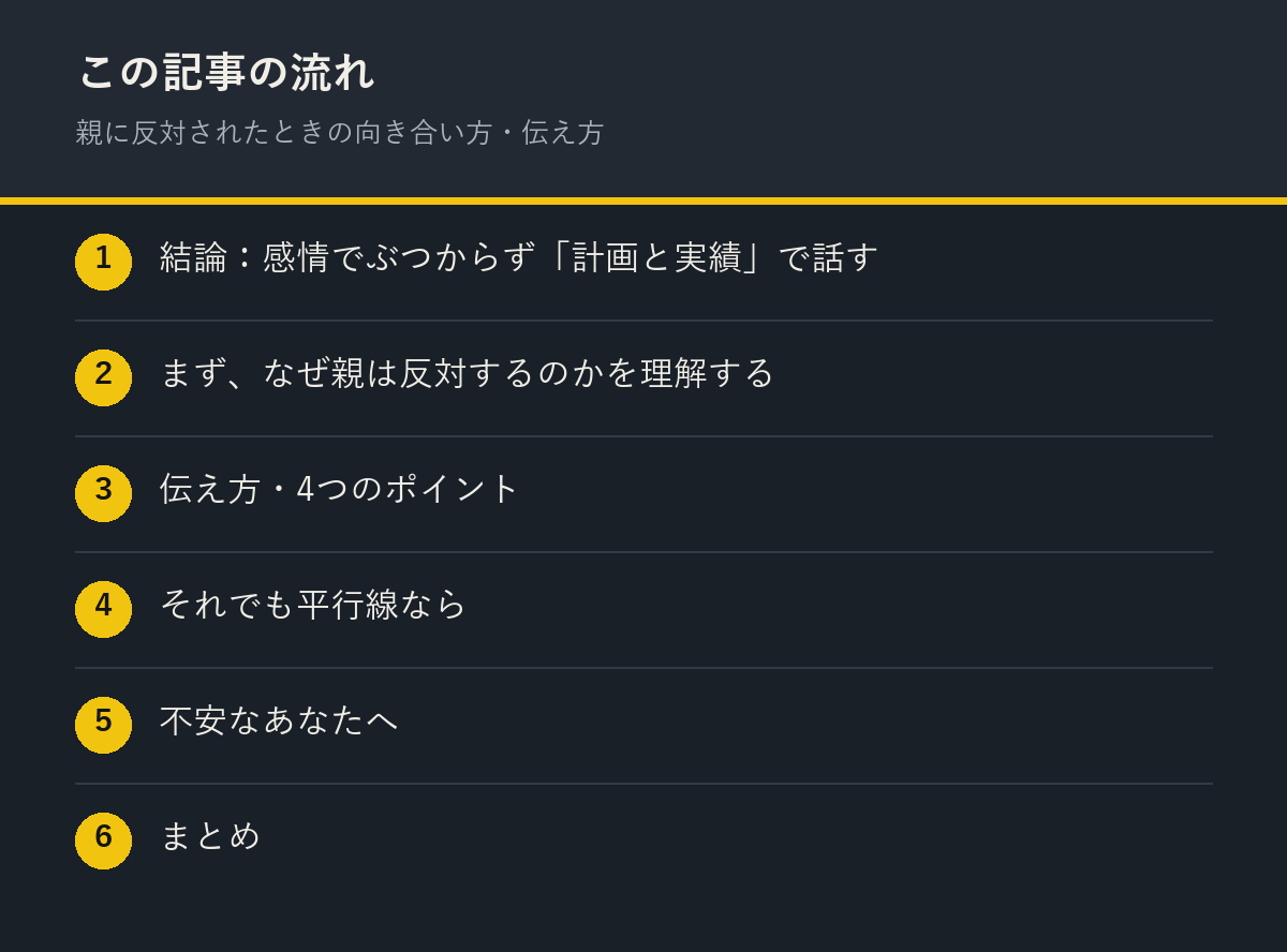 親に反対されたときの向き合い方・伝え方の記事の流れを解説した図解