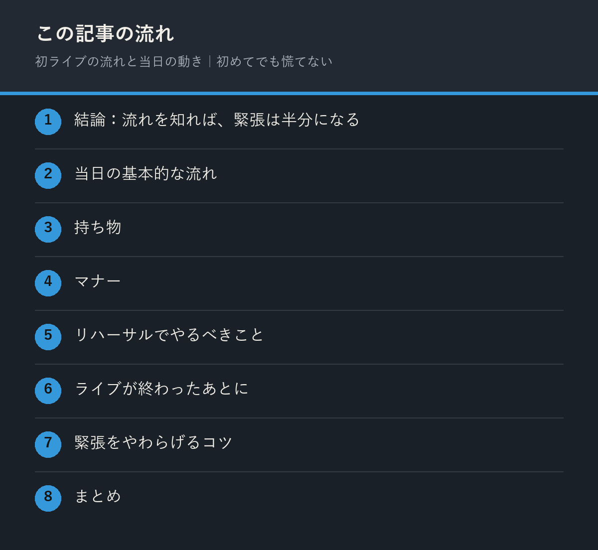 初ライブの流れと当日の動き｜初めてでも慌てないの記事の流れを解説した図解