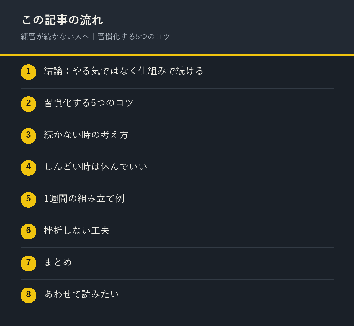 練習が続かない人へ|習慣化する5つのコツの記事の流れを解説した図解