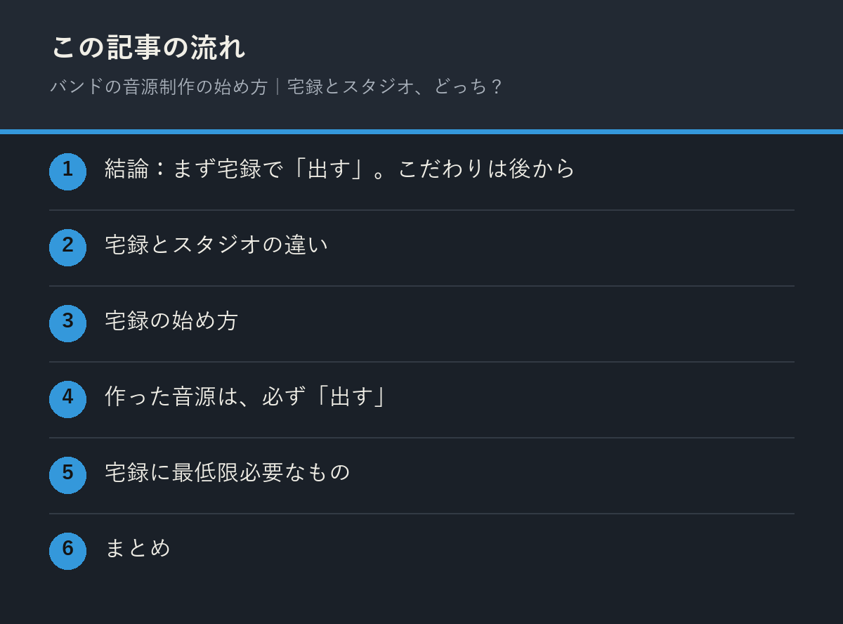 バンドの音源制作の始め方｜宅録とスタジオ、どっち？の記事の流れを解説した図解