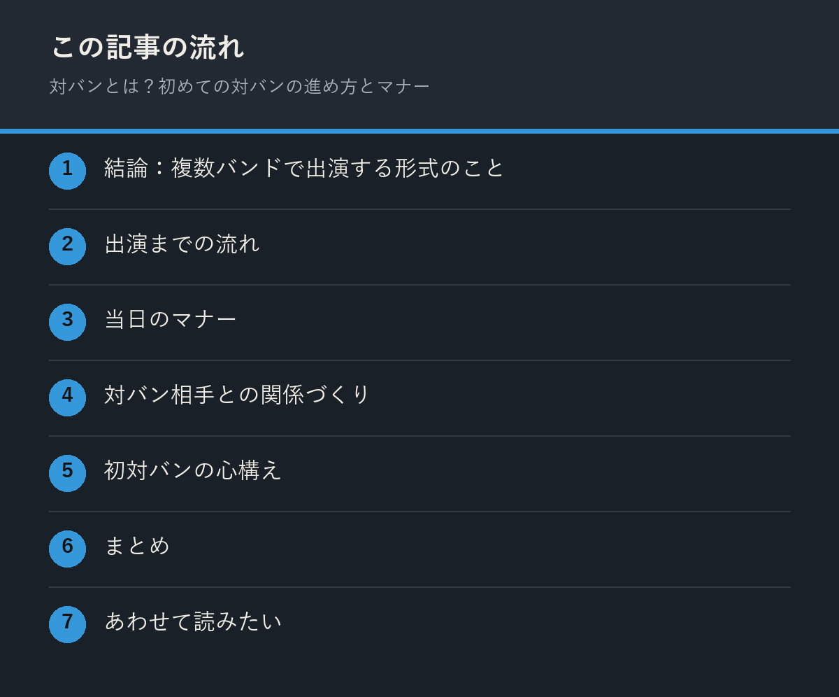 対バンとは？初めての対バンの進め方とマナーの記事の流れを解説した図解