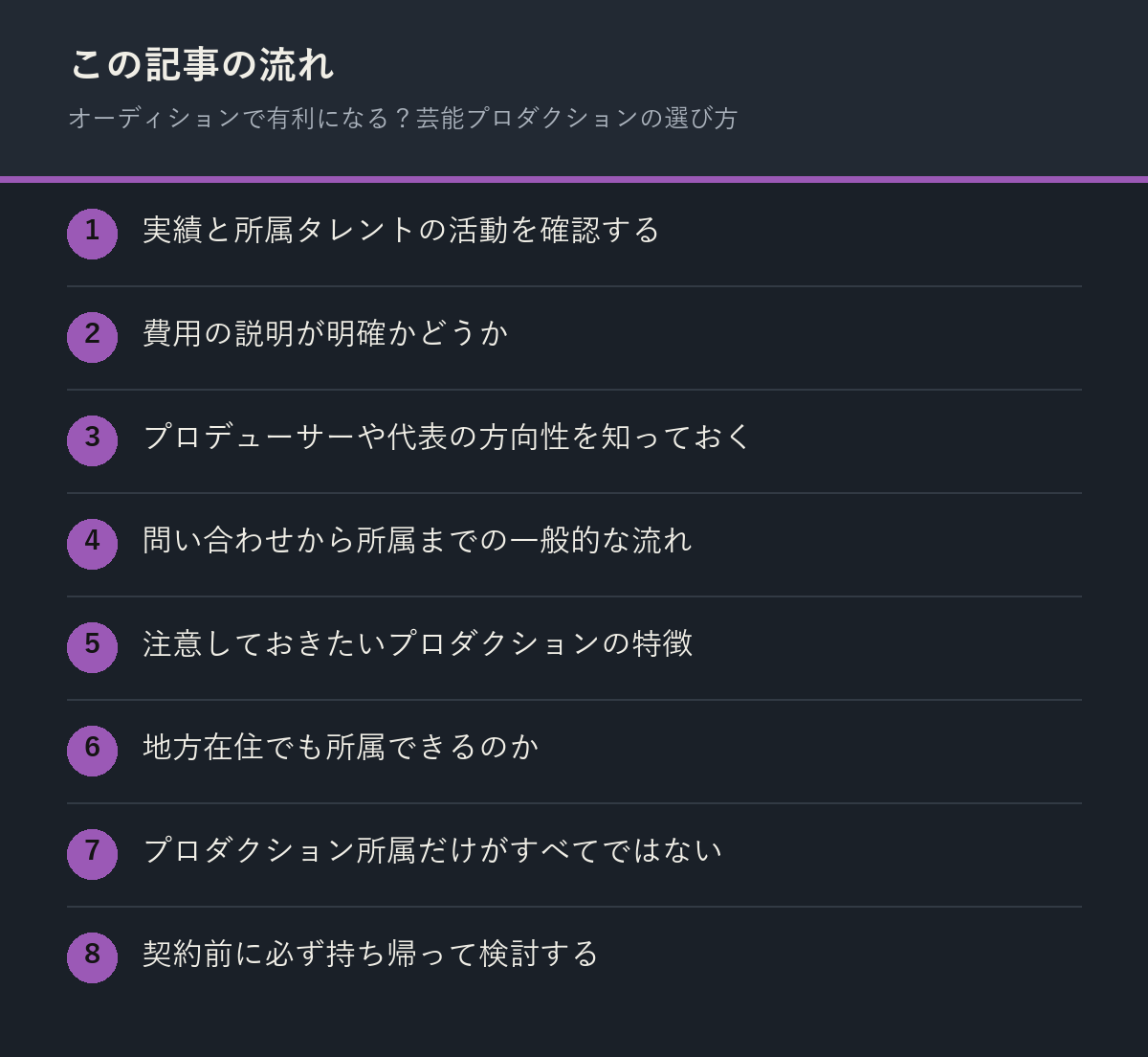 オーディションで有利になる?芸能プロダクションの選び方の記事の流れを解説した図解