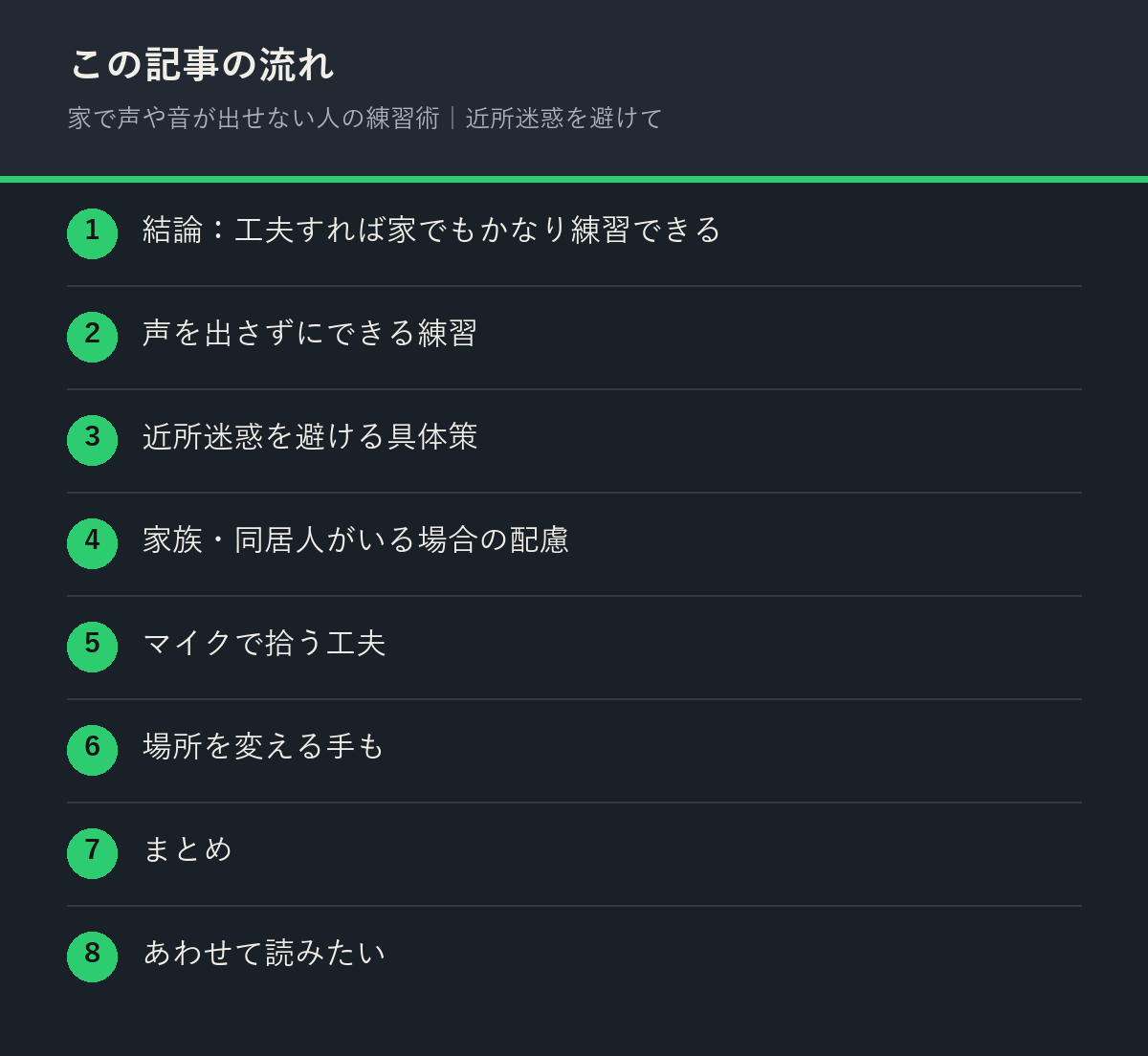 家で声や音が出せない人の練習術｜近所迷惑を避けての記事の流れを解説した図解