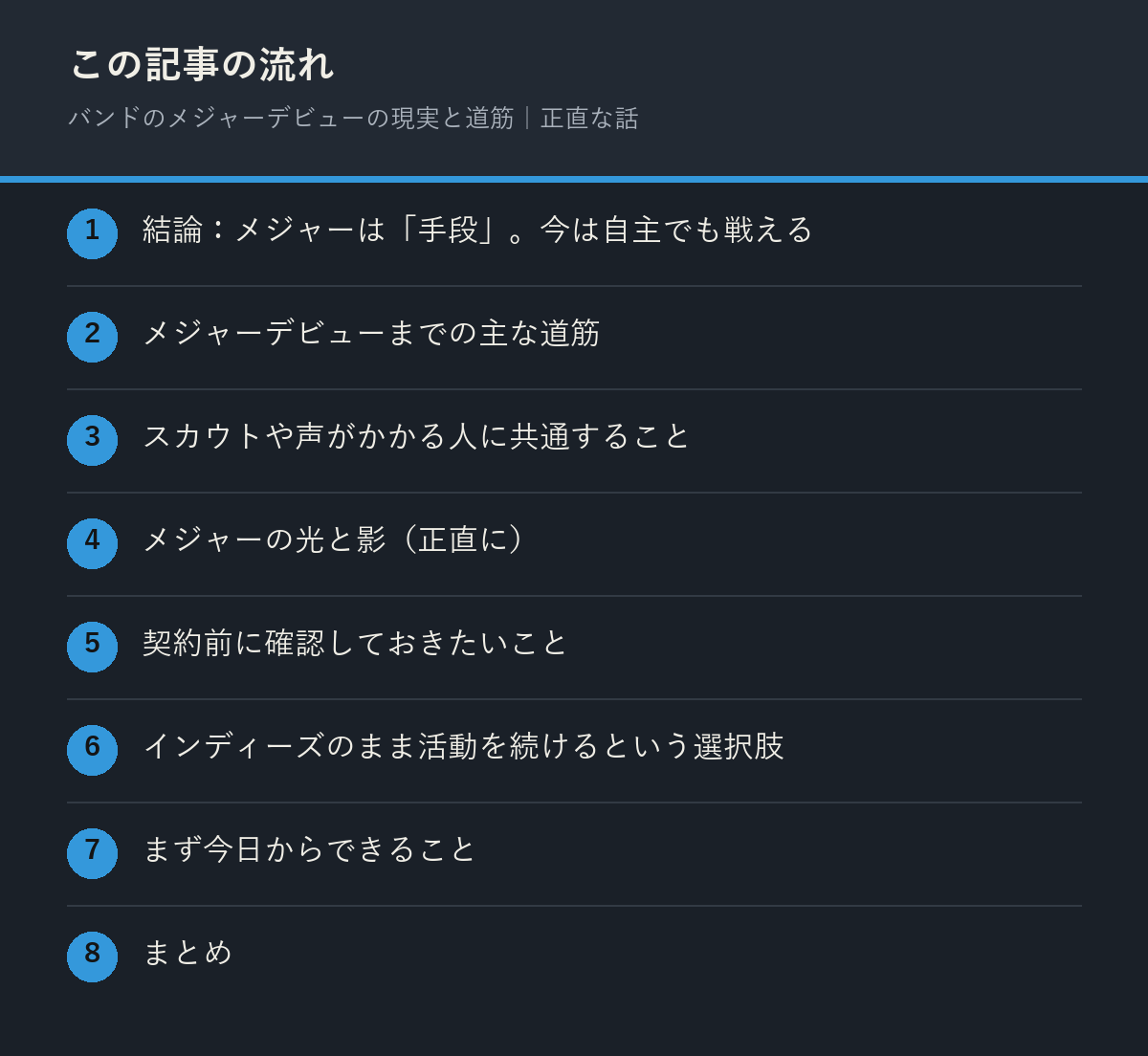 バンドのメジャーデビューの現実と道筋|正直な話の記事の流れを解説した図解