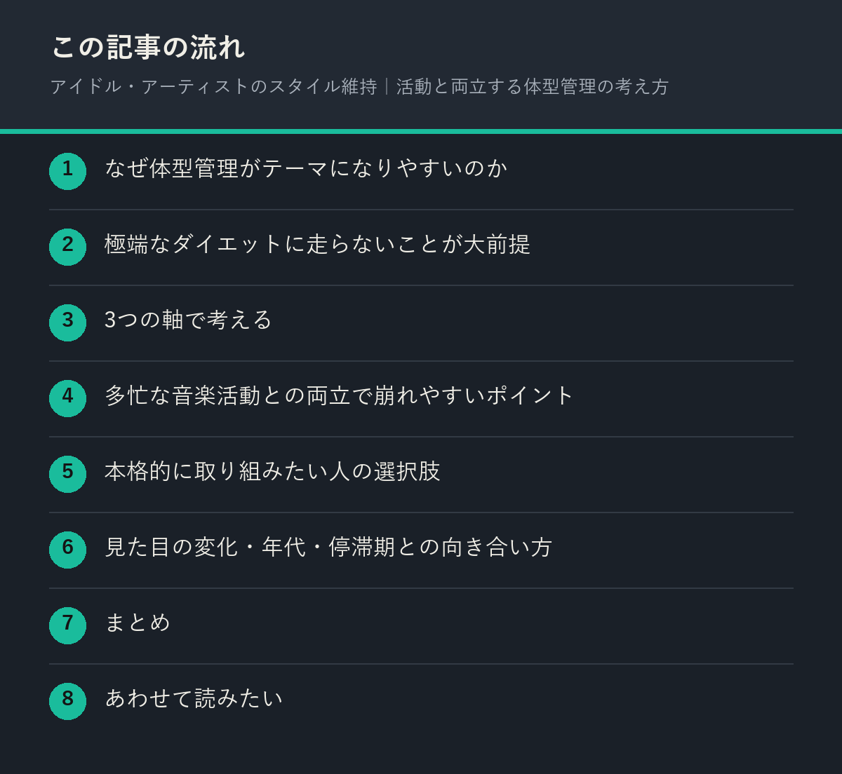 アイドル・アーティストのスタイル維持｜活動と両立する体型管理の考え方の記事の流れを解説した図解