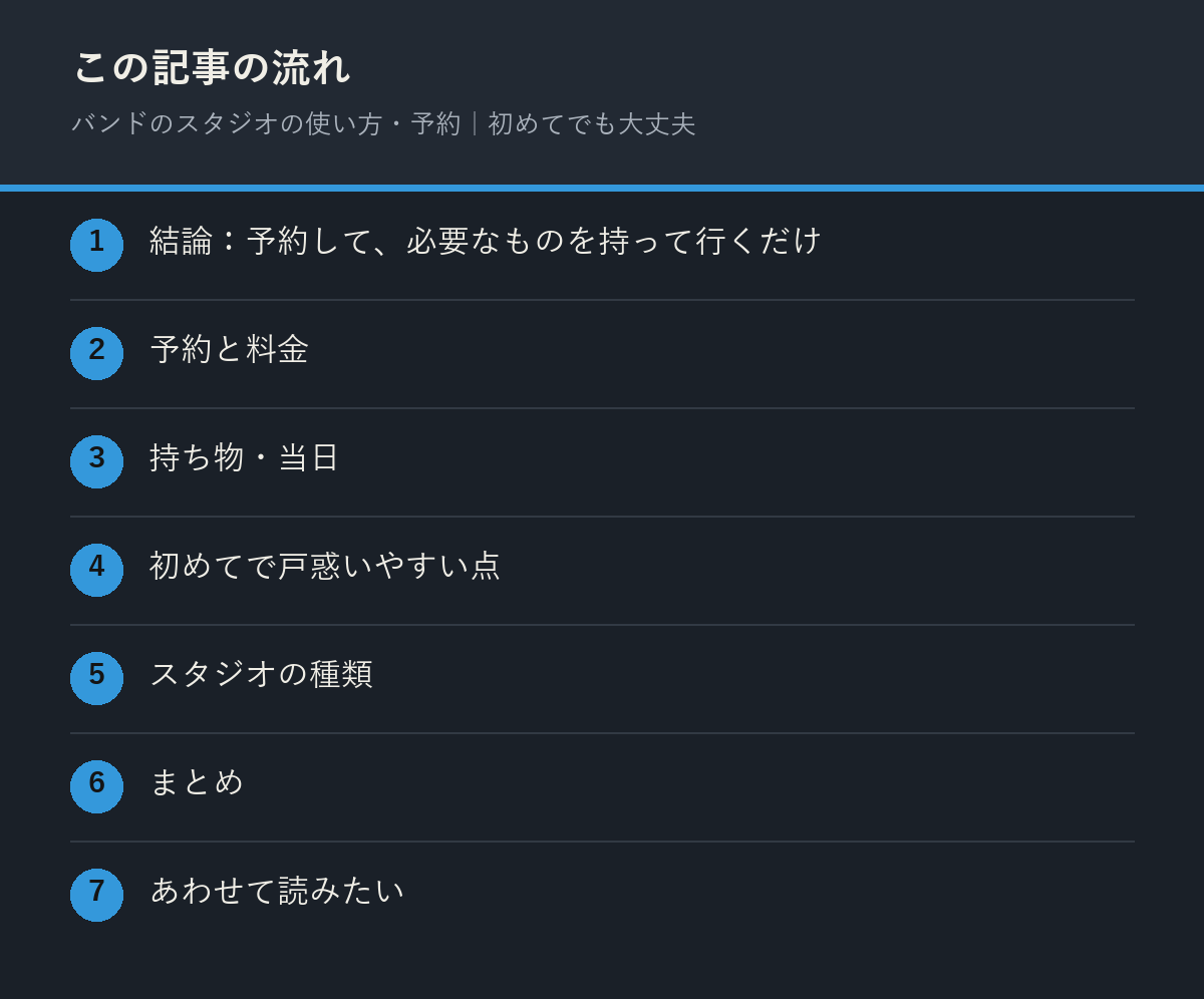 バンドのスタジオの使い方・予約｜初めてでも大丈夫の記事の流れを解説した図解