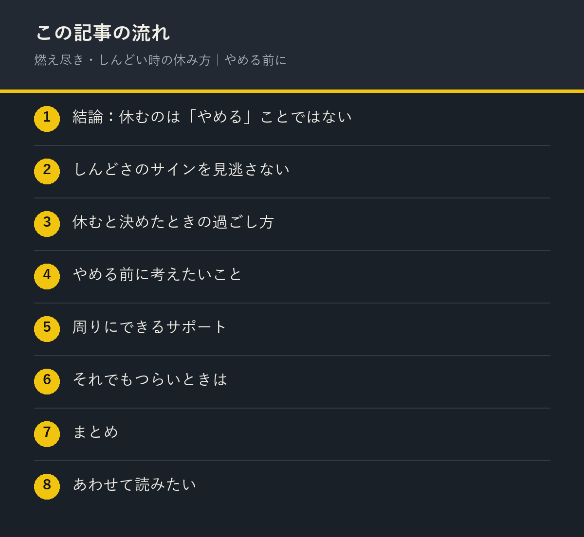 燃え尽き・しんどい時の休み方|やめる前にの記事の流れを解説した図解
