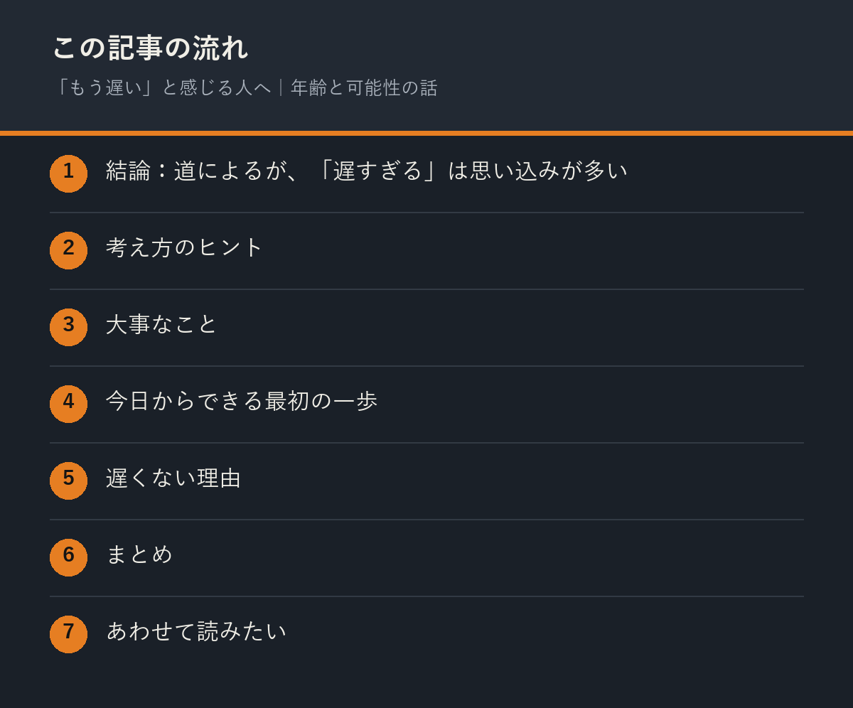 「もう遅い」と感じる人へ｜年齢と可能性の話の記事の流れを解説した図解