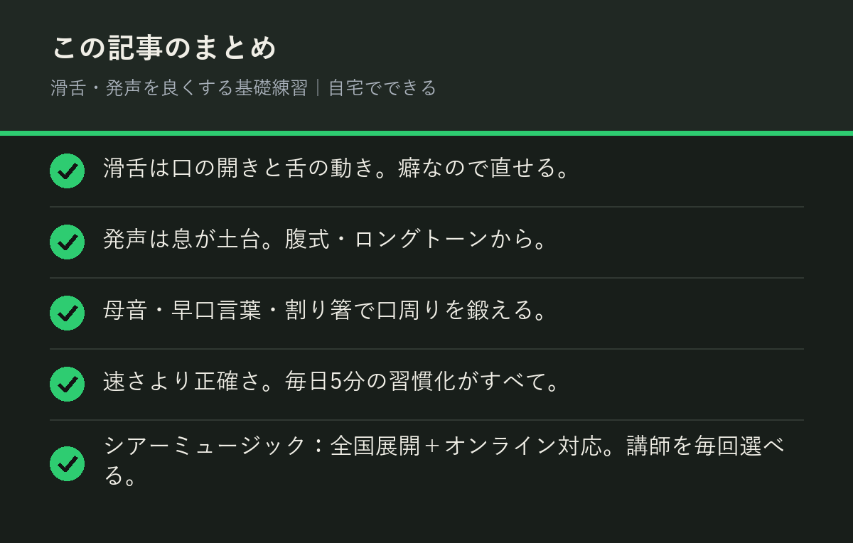 滑舌・発声を良くする基礎練習｜自宅でできるのまとめを解説した図解