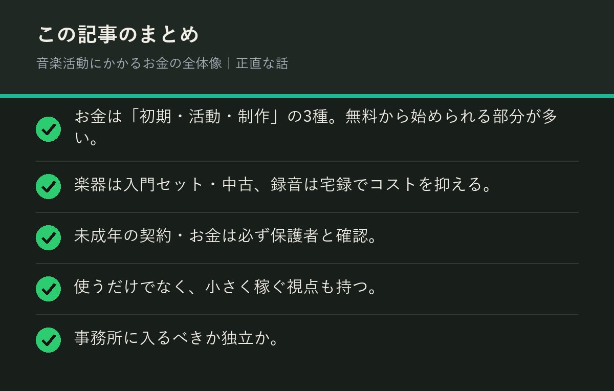 音楽活動にかかるお金の全体像|正直な話のまとめを解説した図解