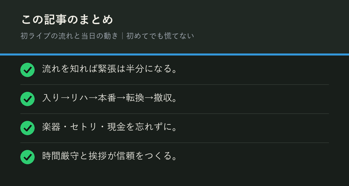 初ライブの流れと当日の動き｜初めてでも慌てないのまとめを解説した図解