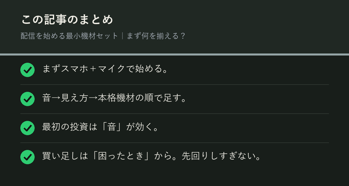 配信を始める最小機材セット｜まず何を揃える？のまとめを解説した図解