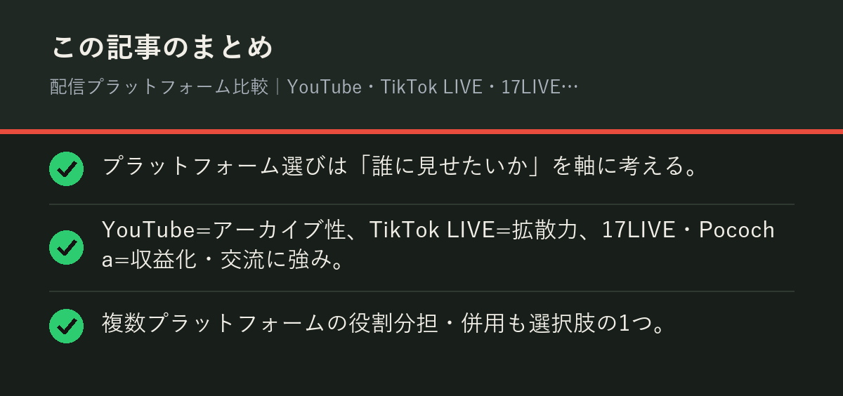 配信プラットフォーム比較｜YouTube・TikTok LIVE・17LIVE・Pocochaどれを選ぶ？のまとめを解説した図解