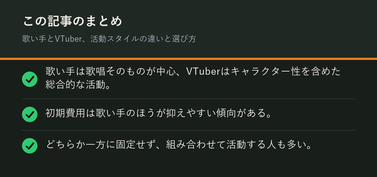 歌い手とVTuber、活動スタイルの違いと選び方のまとめを解説した図解