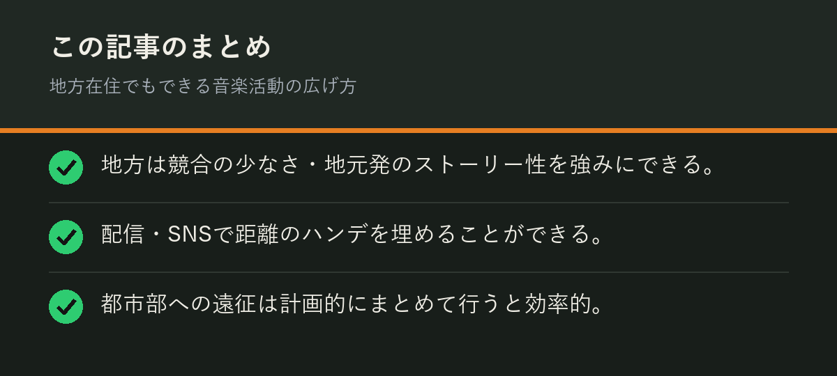 地方在住でもできる音楽活動の広げ方のまとめを解説した図解