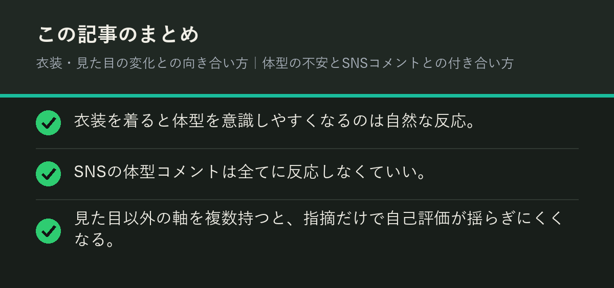 衣装・見た目の変化との向き合い方｜体型の不安とSNSコメントとの付き合い方のまとめを解説した図解