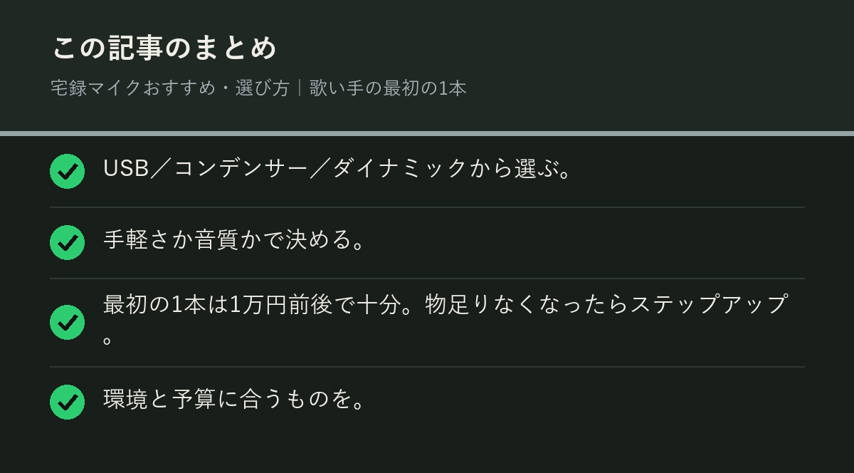 宅録マイクおすすめ・選び方｜歌い手の最初の1本のまとめを解説した図解